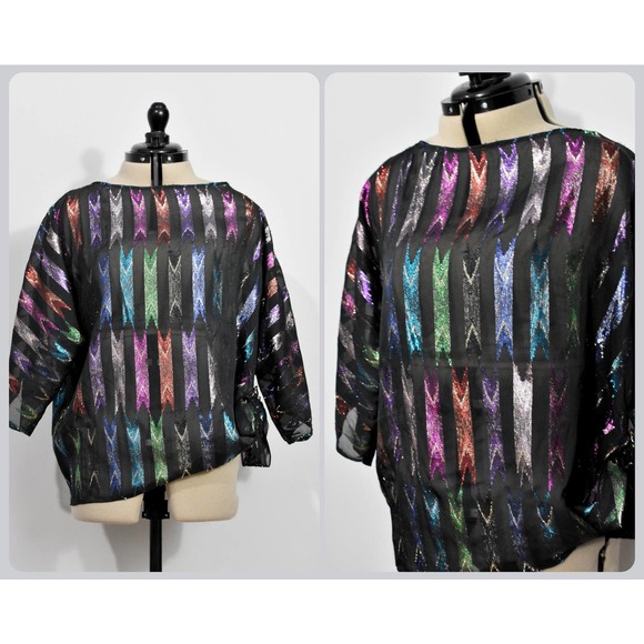 Teddi of California Sheer Black Blouse with Rainbow Metallic Print - Picture 1 of 7